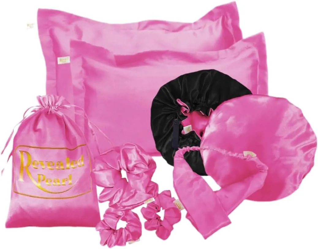 Natural hair essentials, reversible and adjustable Satin bonnet. satin pillowcases, satin Scrunchies and headband set of 8 pieces (Dark pink)