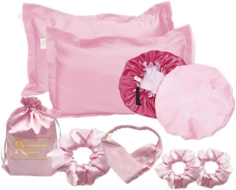 Natural hair essentials, reversible and adjustable Satin bonnet. satin pillowcases, satin Scrunchies and headband set of 8 pieces (Pink)