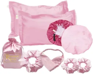 Natural hair essentials, reversible and adjustable Satin bonnet. satin pillowcases, satin Scrunchies and headband set of 8 pieces (Pink)