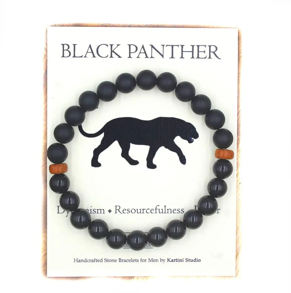 Natural Stone, Black Panther Bracelet, Black Onyx and Rose Wood Spacer, Energy Jewelry, Wildlife Collection, Healing Bracelet