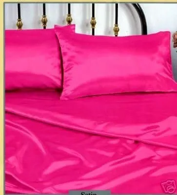 New King Size Satin Sheet Set - Includes 1 Fitted Sheet, 1 Flat Sheet and 2 Pillow Cases - Hot Pink