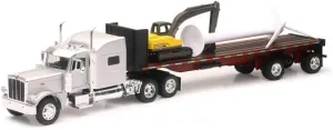 New Ray Peterbilt 389 Truck with Flatbed Trailer Silver Metallic with Excavator and Wind Turbine Long Haul Truckers Series 1/32 Diecast Model