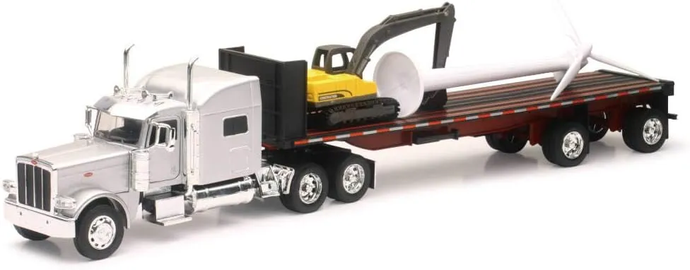 New Ray Peterbilt 389 Truck with Flatbed Trailer Silver Metallic with Excavator and Wind Turbine Long Haul Truckers Series 1/32 Diecast Model
