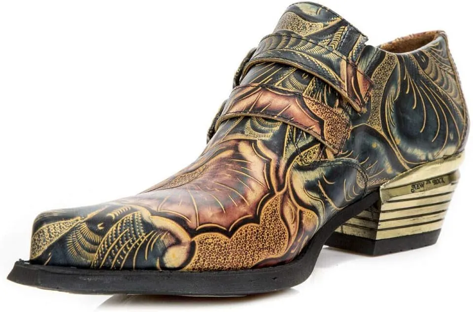 New Rock M-7960-S14 Mens Embossed Vintage Shoes Black Leather Buckle Steel Heel