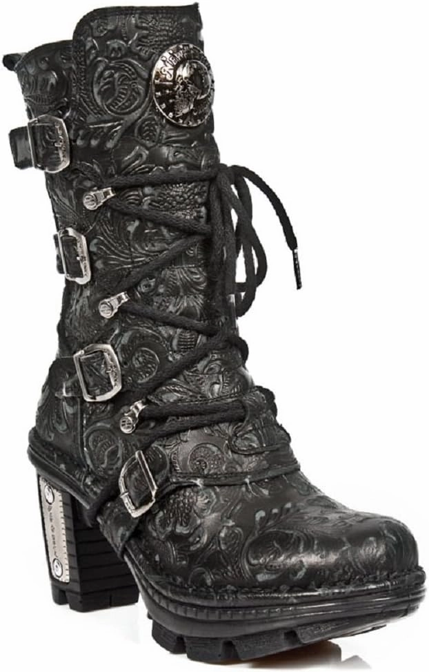 New Rock NEOTR005-S25 Ladies Leather Boots Vintage Floral Black Gothic Rock Punk