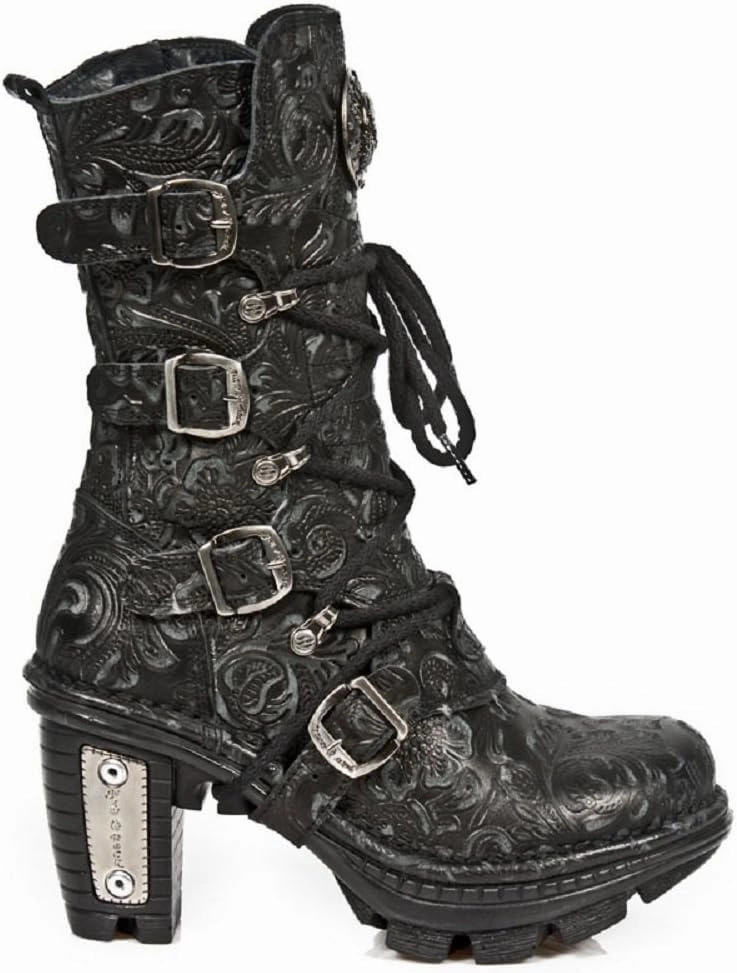 New Rock NEOTR005-S25 Ladies Leather Boots Vintage Floral Black Gothic Rock Punk