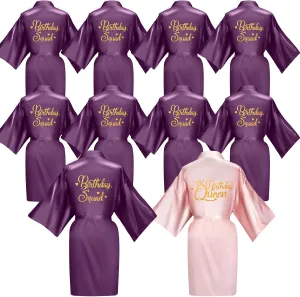 Newcotte 10 Pcs Women's Birthday Party Robes Silk Kimono Robe with Gold Glitter Squad Queen Satin Gown