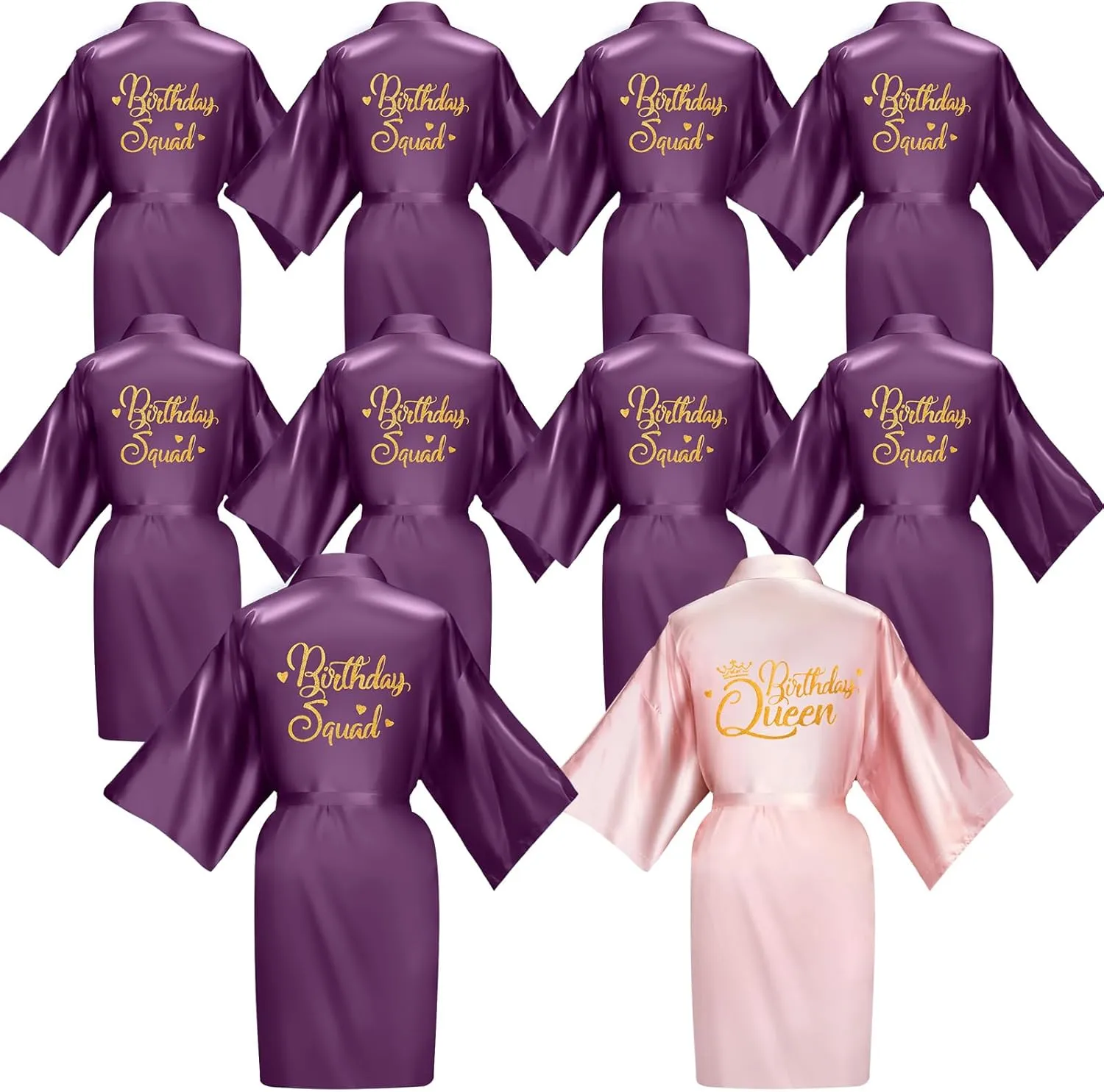 Newcotte 10 Pcs Women's Birthday Party Robes Silk Kimono Robe with Gold Glitter Squad Queen Satin Gown