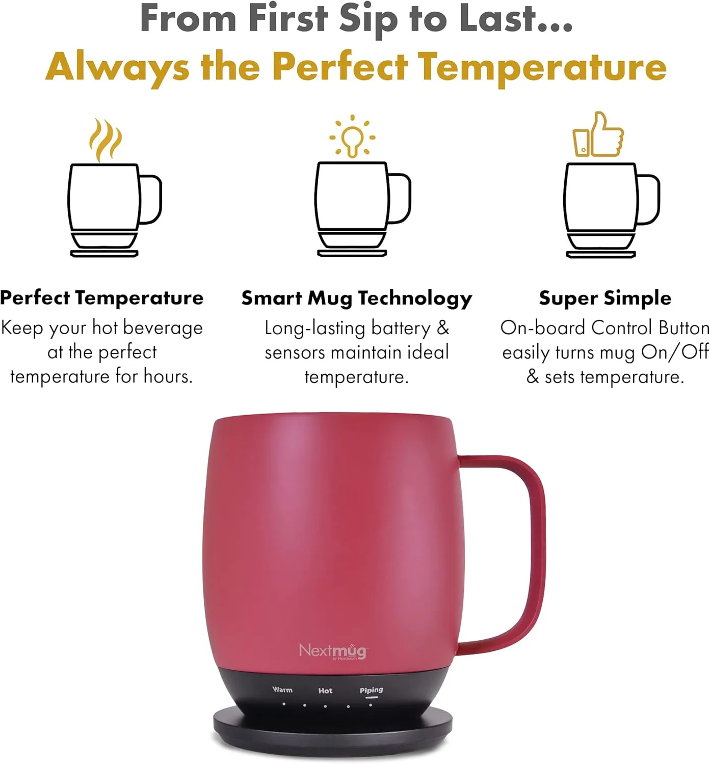 Nextmug - Temperature-Controlled, Self-Heating Coffee Mug (14 oz.) (Dusty Rose)