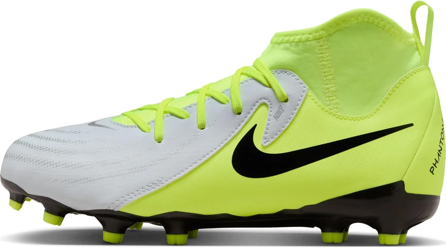Nike Jr. Phantom Luna 2 Academy Little/Big Kids' MG Soccer Cleats (FJ2603-003, Metallic Silver/Volt/Black) Size 3