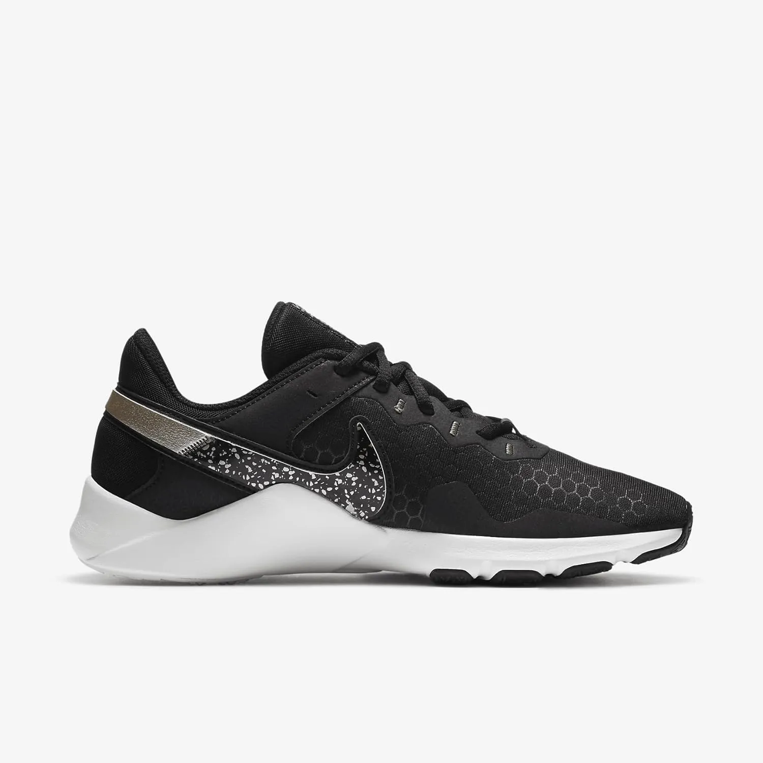 Nike Legend Essential 2 Women's Workout Shoes (CZ3668-001, Black/White/Metallic Gold Grain)