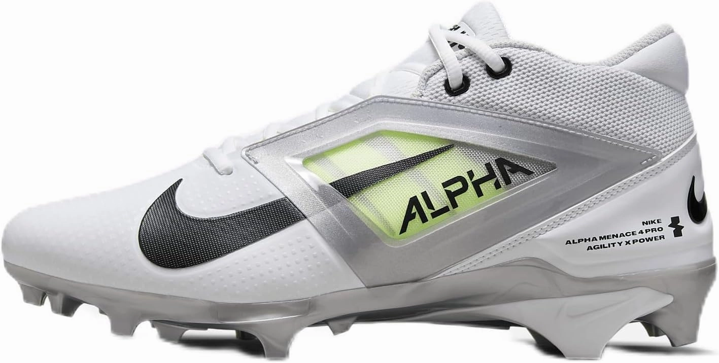Nike Alpha Menace 4 Pro Football Cleats (FD7037-100, White/Metallic Silver/Photon Dust) Size 9.5