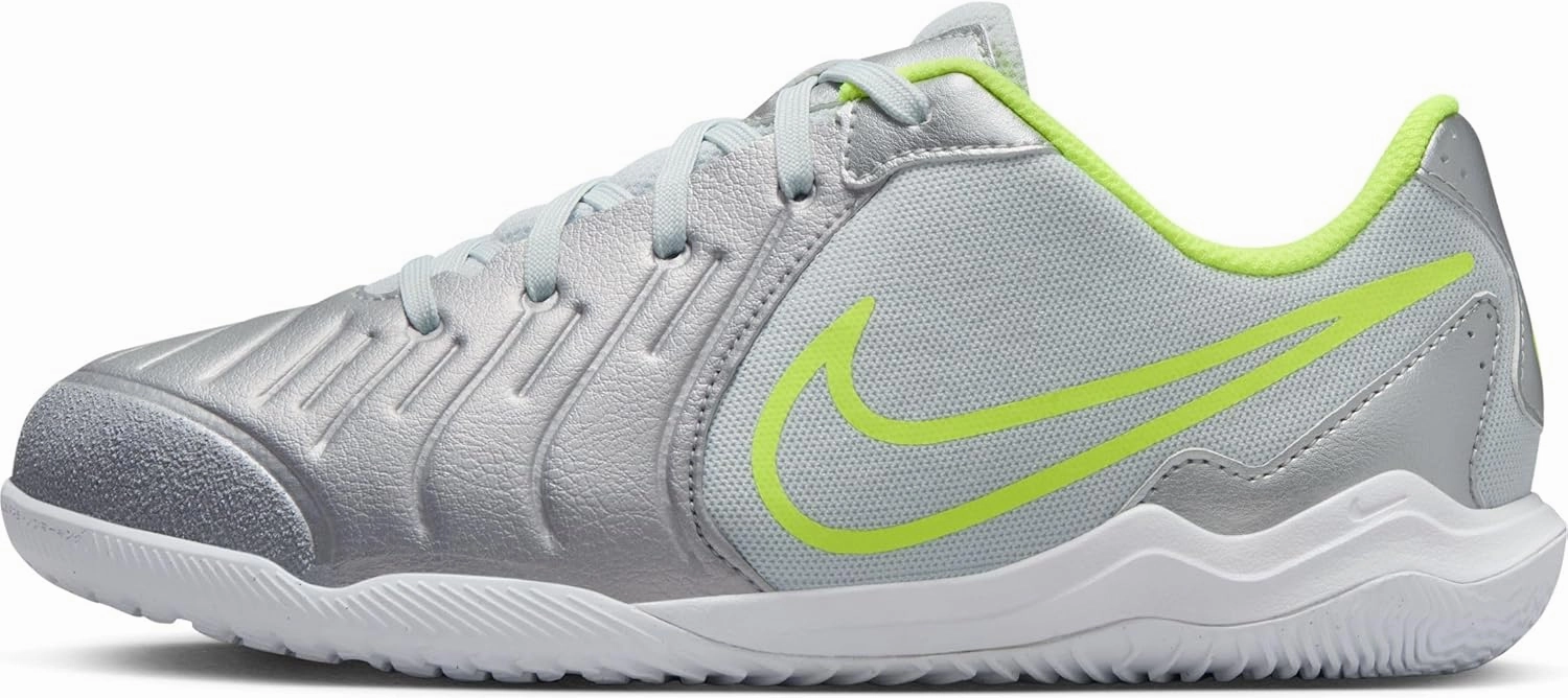 Nike Jr. Tiempo Legend 10 Academy Little/Big Kids' Indoor/Court Low-Top Soccer Shoes (DV4350-001, Metallic Silver/Volt/Black)