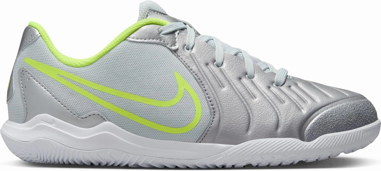 Nike Jr. Tiempo Legend 10 Academy Little/Big Kids' Indoor/Court Low-Top Soccer Shoes (DV4350-001, Metallic Silver/Volt/Black)