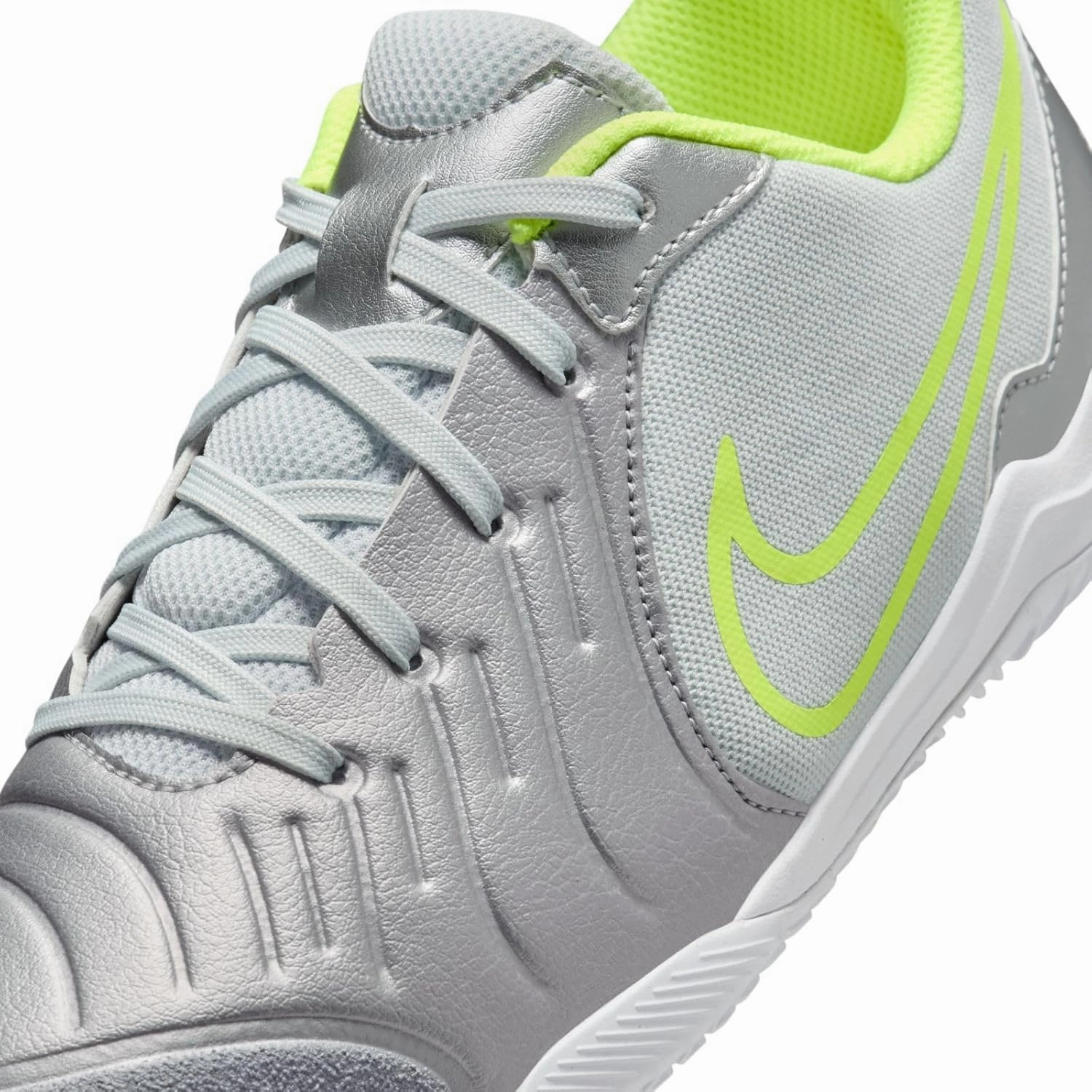 Nike Jr. Tiempo Legend 10 Academy Little/Big Kids' Indoor/Court Low-Top Soccer Shoes (DV4350-001, Metallic Silver/Volt/Black)