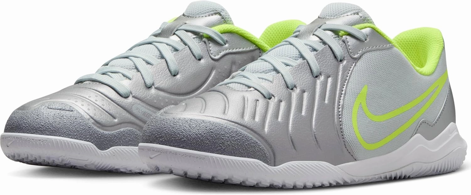Nike Jr. Tiempo Legend 10 Academy Little/Big Kids' Indoor/Court Low-Top Soccer Shoes (DV4350-001, Metallic Silver/Volt/Black)