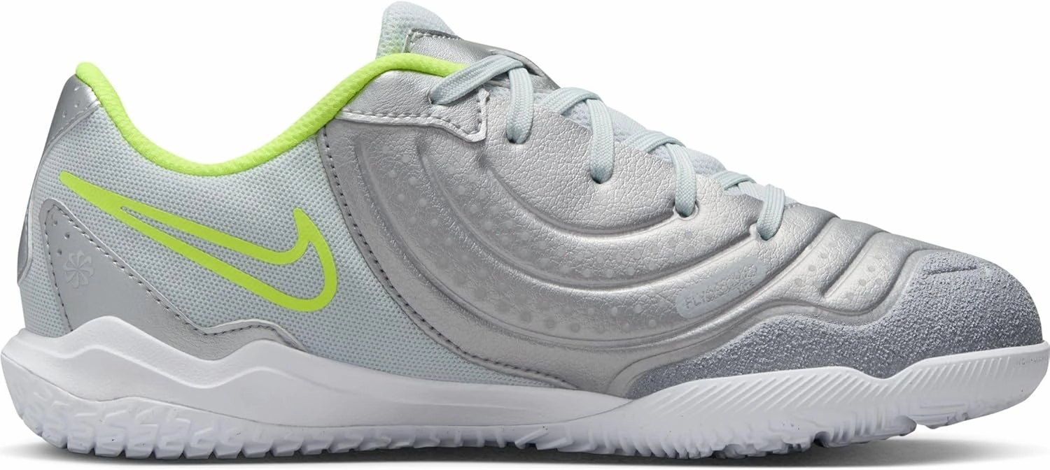 Nike Jr. Tiempo Legend 10 Academy Little/Big Kids' Indoor/Court Low-Top Soccer Shoes (DV4350-001, Metallic Silver/Volt/Black)