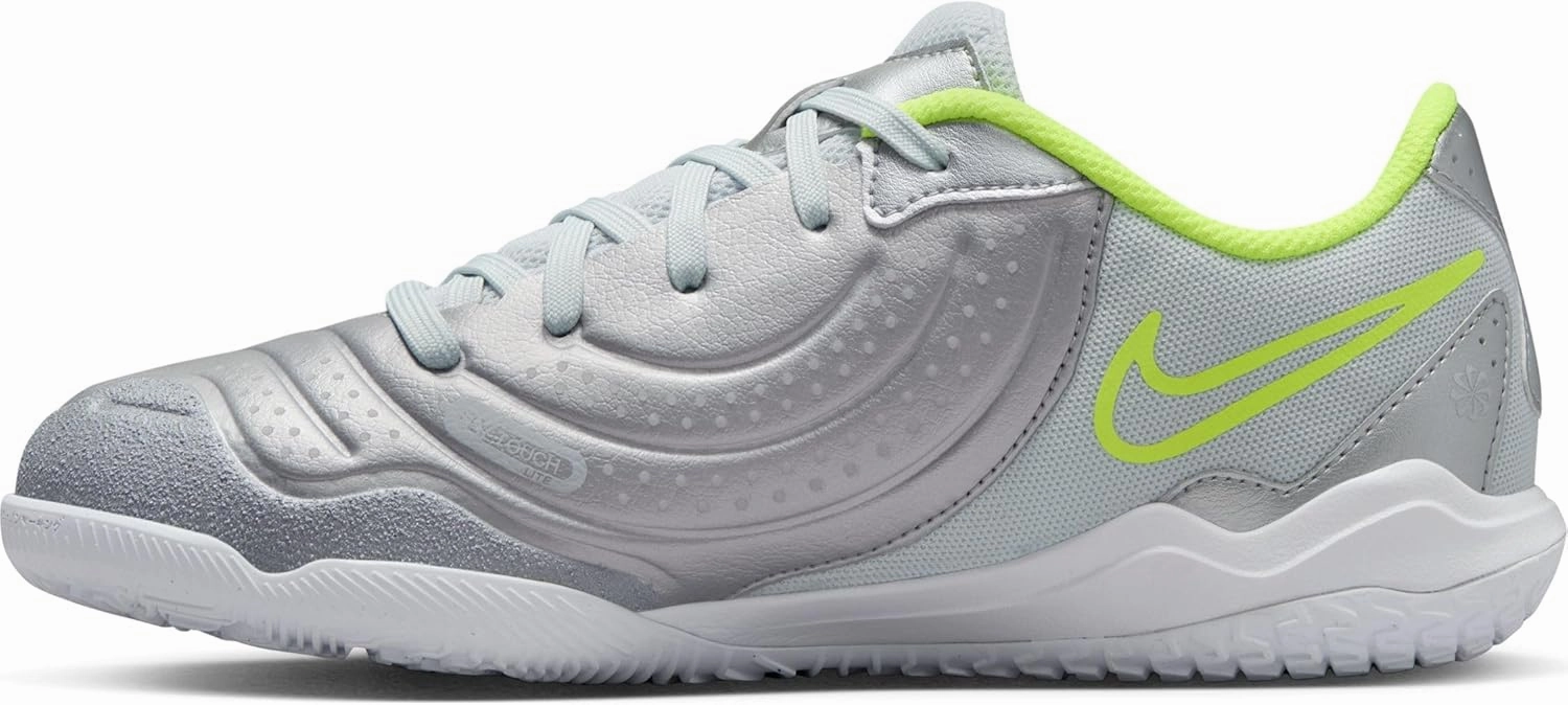 Nike Jr. Tiempo Legend 10 Academy Little/Big Kids' Indoor/Court Low-Top Soccer Shoes (DV4350-001, Metallic Silver/Volt/Black)