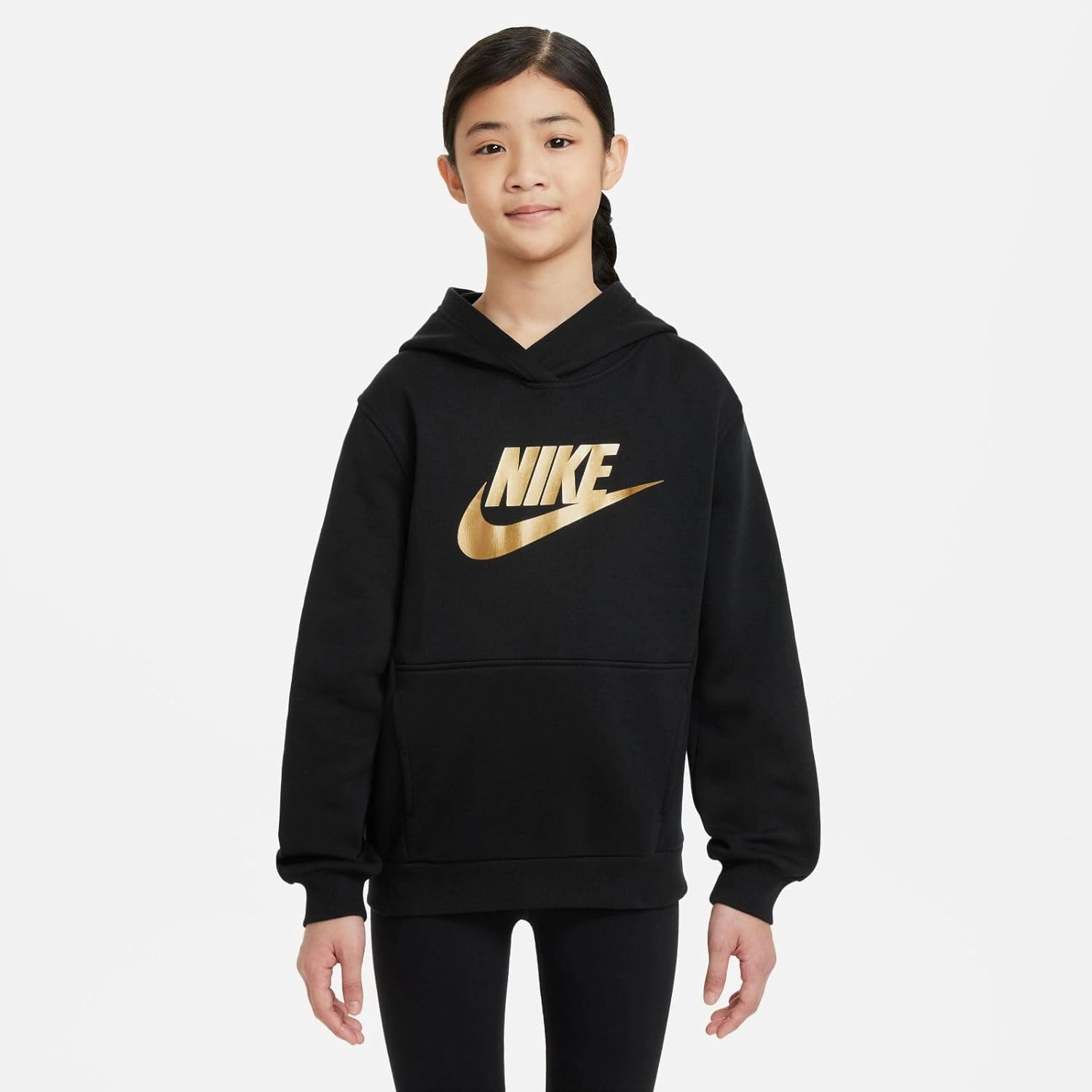 Nike Sportswear Club Fleece Big Kids' Hoodie (HQ0977-010, Black/Metallic Gold)