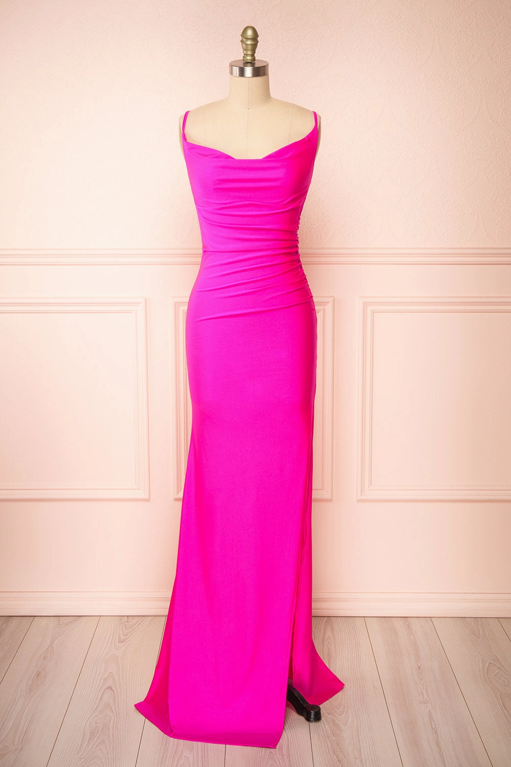 Nixie Fuchsia | Backless Fitted Satin Maxi Dress