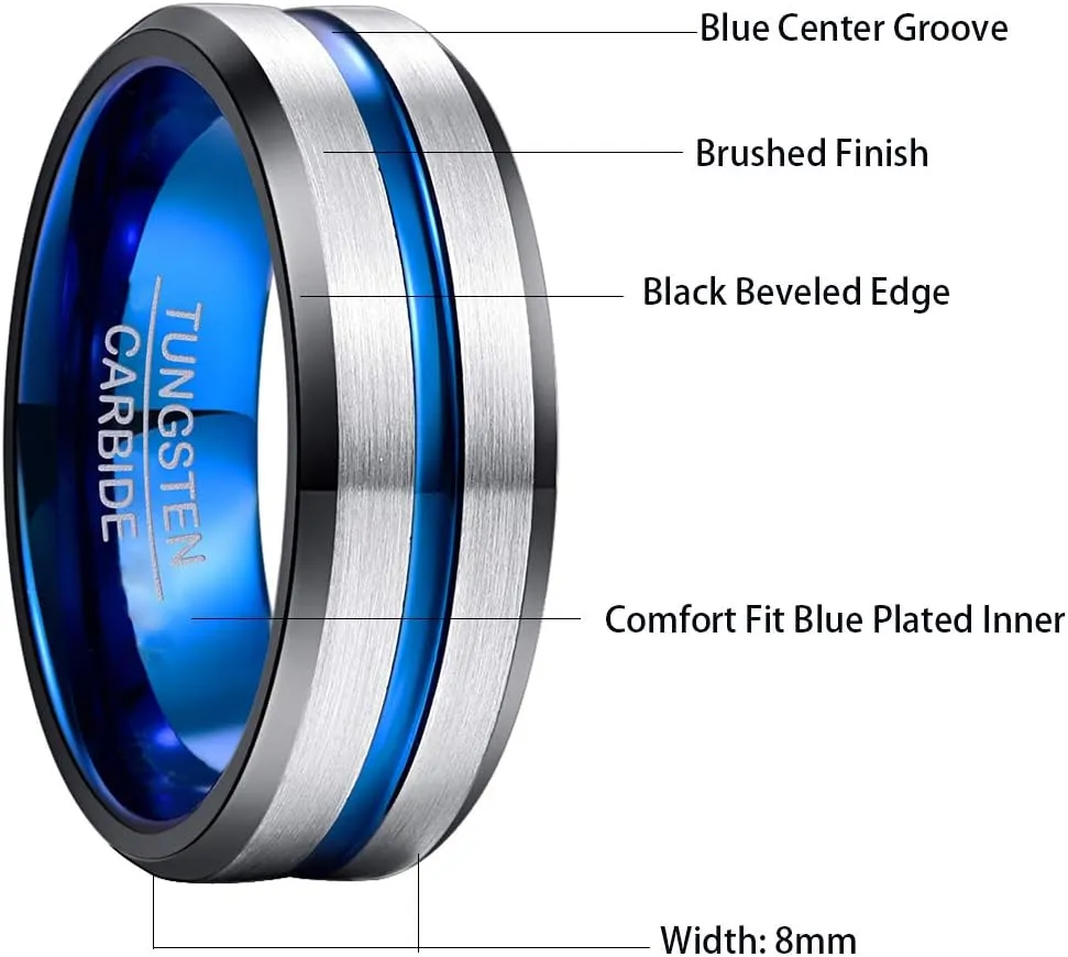 NUNCAD Tungsten Ring for Men Women 4/6/8/10mm Black/Blue/Gold/Rose Gold/Silver Groove Wedding Bands Beveled Edges Engraved I Love You Size 4 to 17