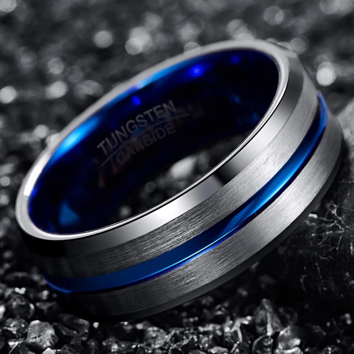 NUNCAD Tungsten Ring for Men Women 4/6/8/10mm Black/Blue/Gold/Rose Gold/Silver Groove Wedding Bands Beveled Edges Engraved I Love You Size 4 to 17