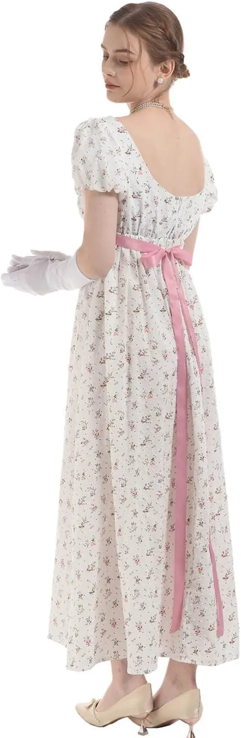 Nuoqi Regency Dresses for Women Floral Regency Era Dress Empire Waist Long Tea Party Dress