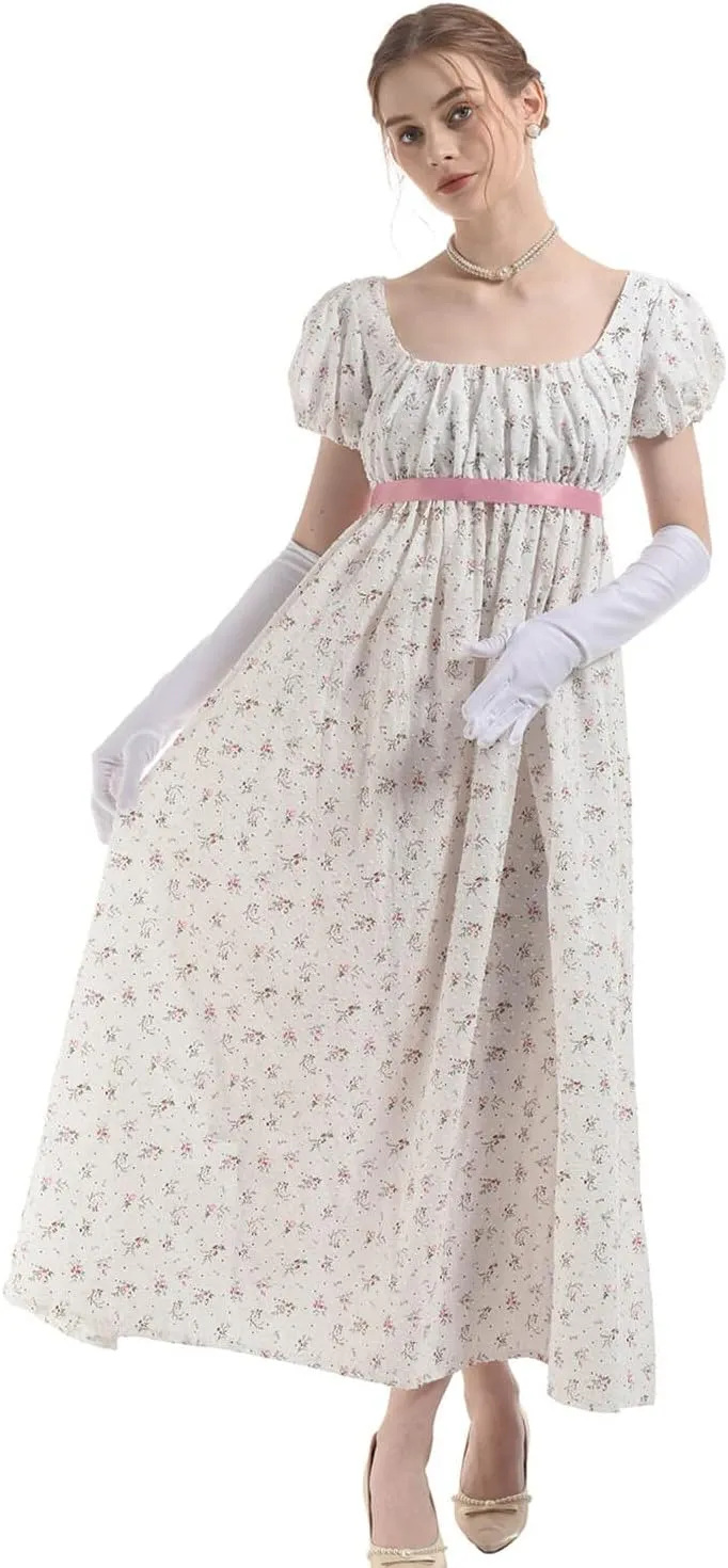 Nuoqi Regency Dresses for Women Floral Regency Era Dress Empire Waist Long Tea Party Dress