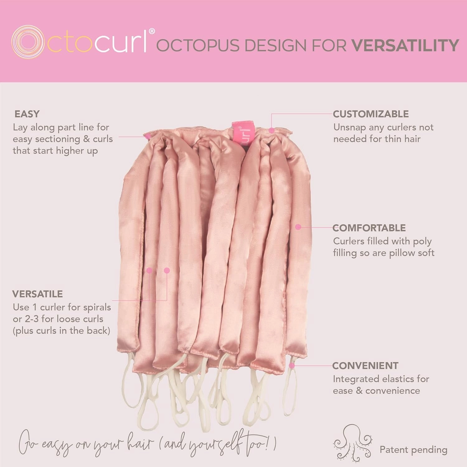 Octocurl Heatless Hair Curler - No Headband Octopus Curler - Overnight Curls for Medium Length Hair (Satin - Pink)