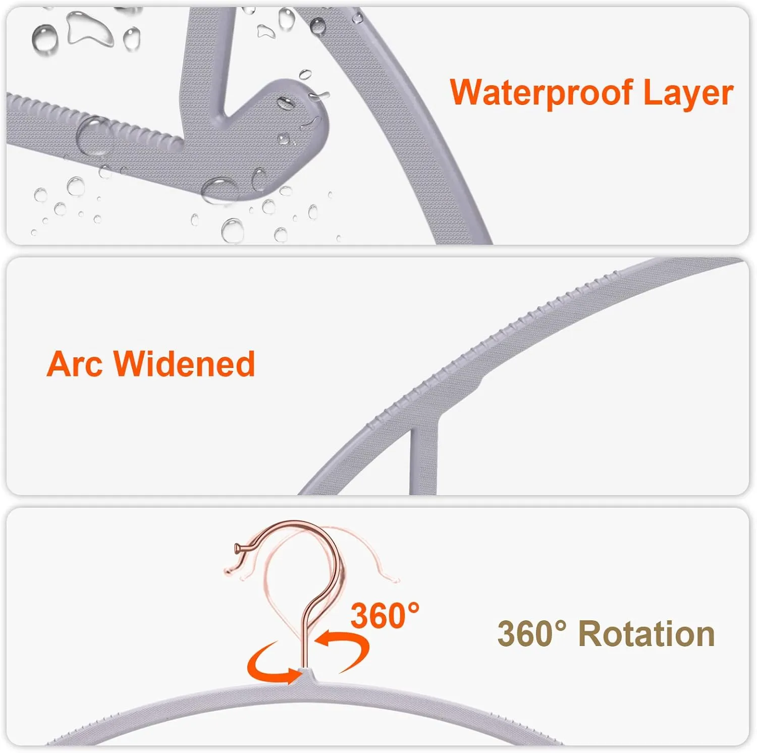 OIKA Hangers - 50 Pack Rose Gold Hooks, Non Slip Space Saving Plastic Suit Hangers, Heavy Duty, Rounded, for Sweaters, Coats, Jackets, Pants, Shirts, Dresses - Grey