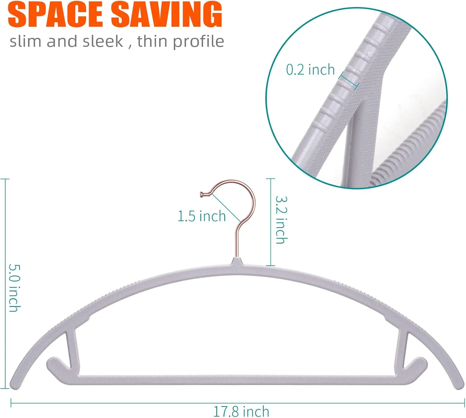 OIKA Hangers - 50 Pack Rose Gold Hooks, Non Slip Space Saving Plastic Suit Hangers, Heavy Duty, Rounded, for Sweaters, Coats, Jackets, Pants, Shirts, Dresses - Grey