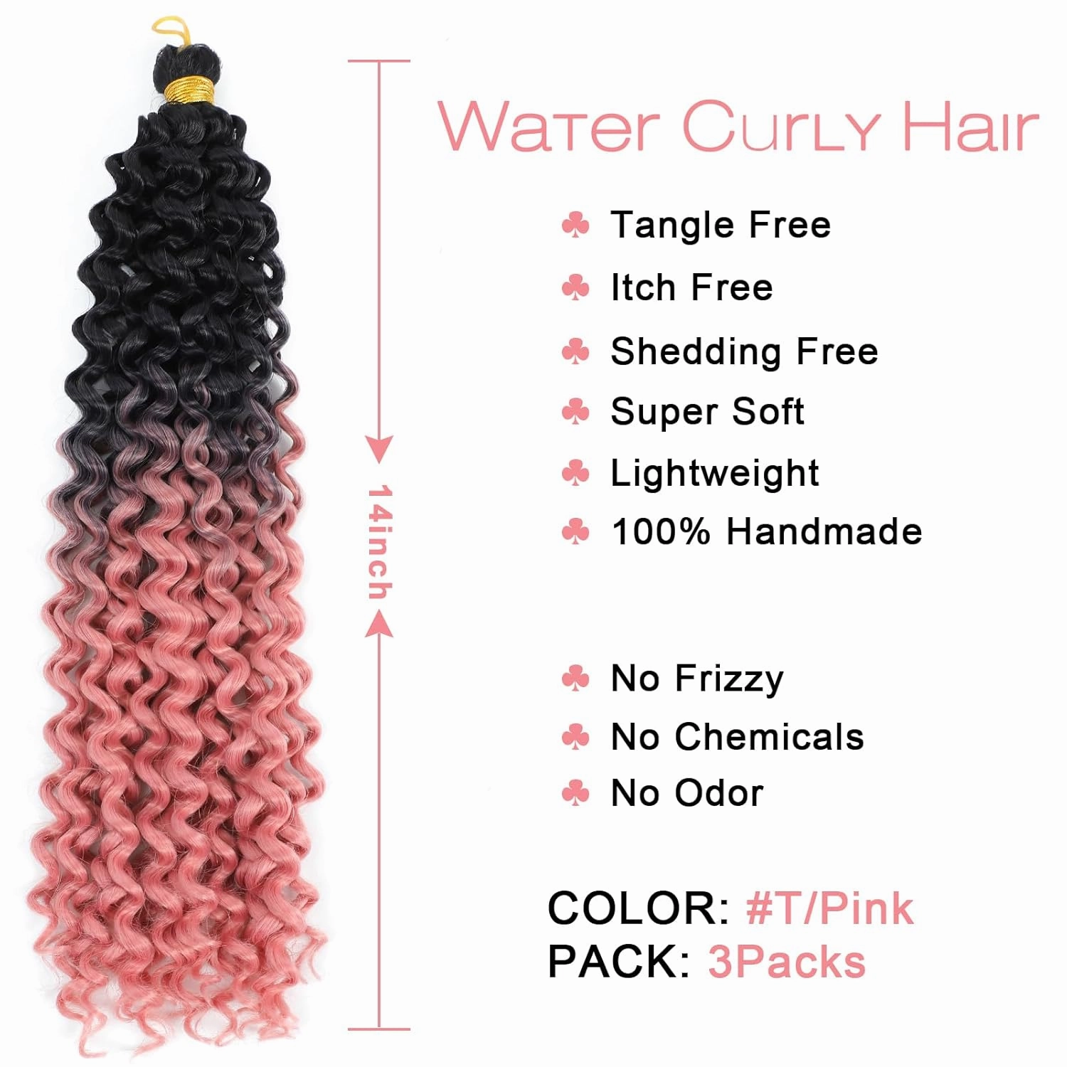 Ombre Pink Curly Crochet Hair 3Pcs Water Wave Braiding Shoulder Length Crochet Curly Hair for Black Women 14Inch 3PCS/Pack (1B-Pink)