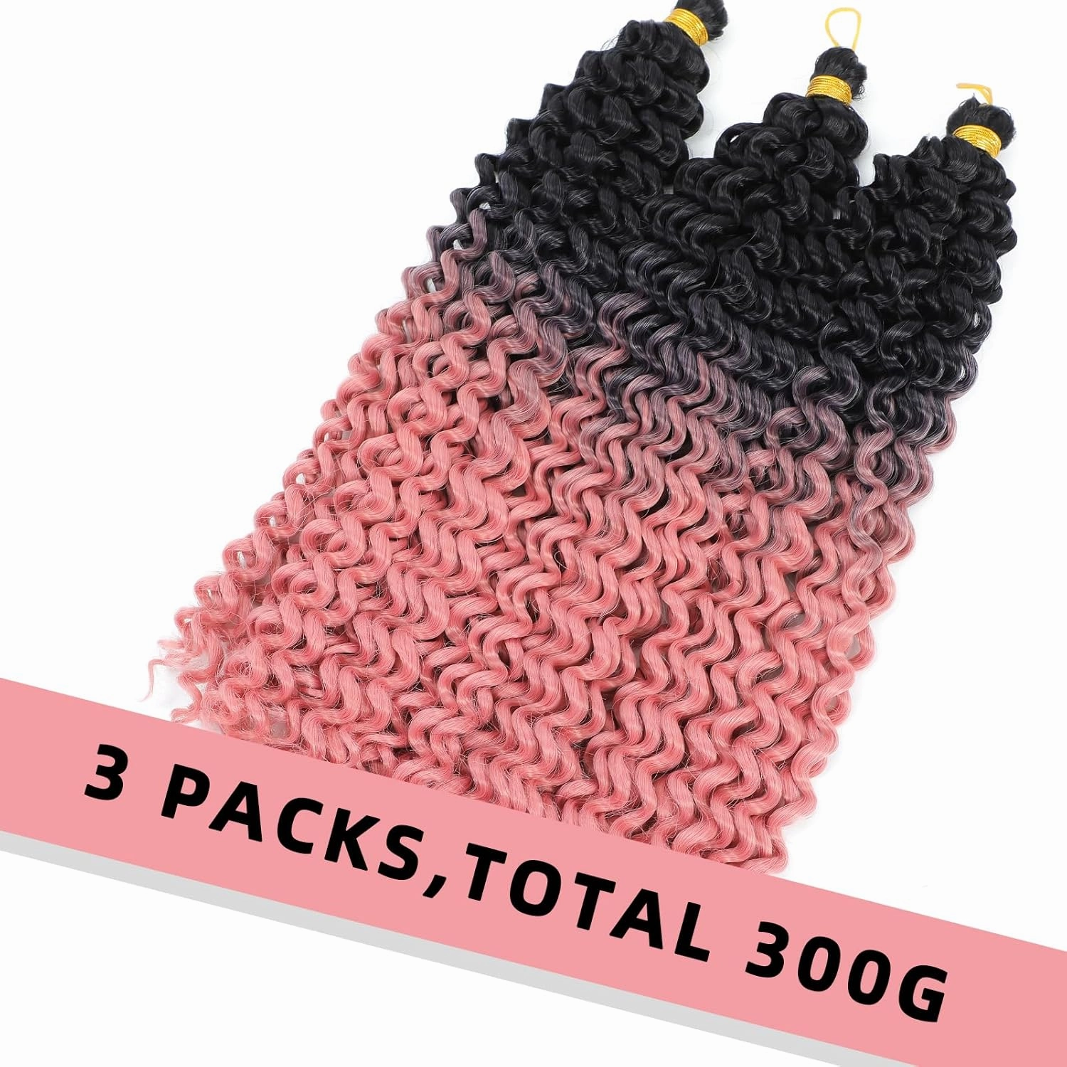 Ombre Pink Curly Crochet Hair 3Pcs Water Wave Braiding Shoulder Length Crochet Curly Hair for Black Women 14Inch 3PCS/Pack (1B-Pink)