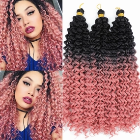 Ombre Pink Curly Crochet Hair 3Pcs Water Wave Braiding Shoulder Length Crochet Curly Hair for Black Women 14Inch 3PCS/Pack (1B-Pink)