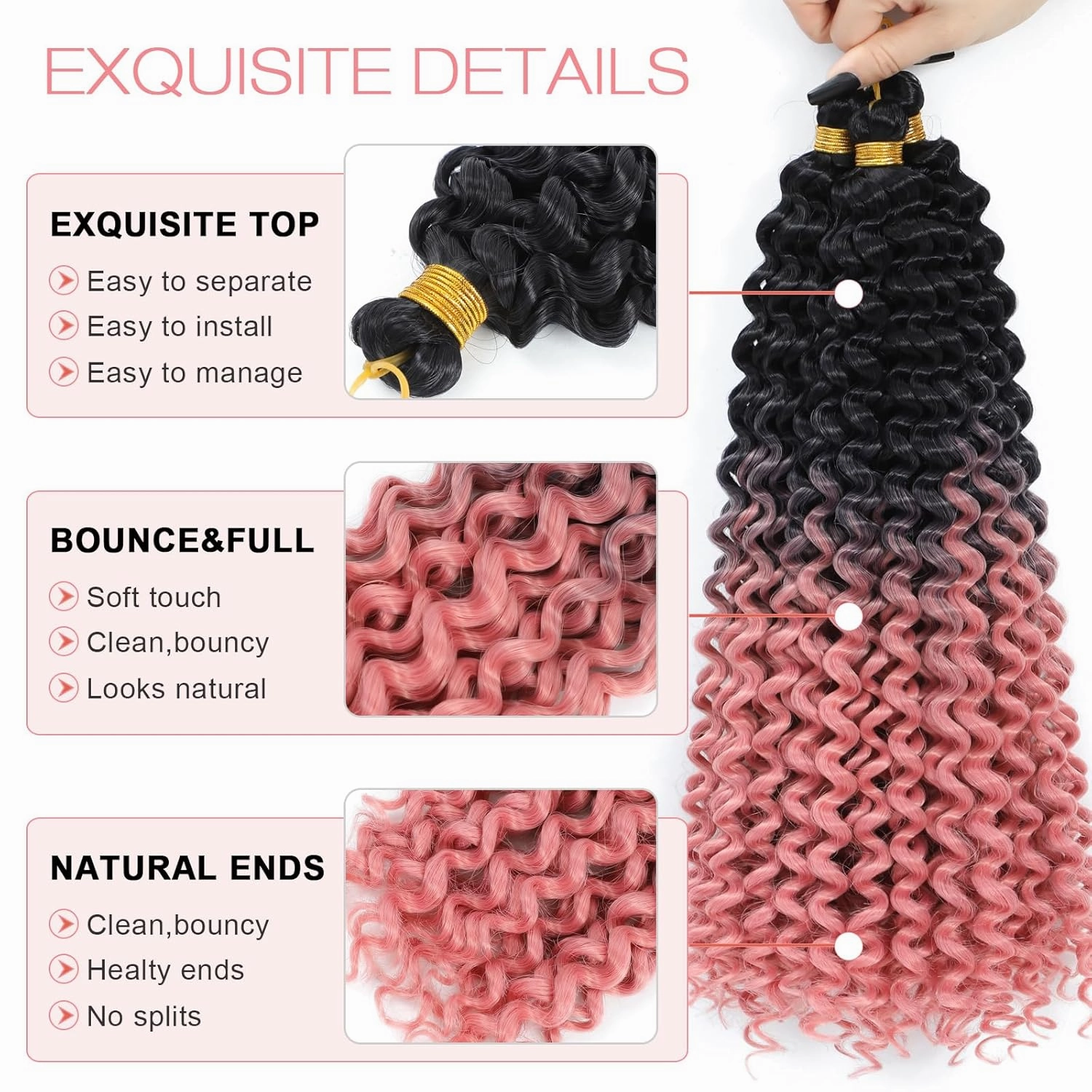 Ombre Pink Curly Crochet Hair 3Pcs Water Wave Braiding Shoulder Length Crochet Curly Hair for Black Women 14Inch 3PCS/Pack (1B-Pink)