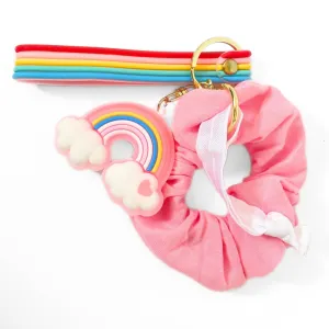 OOF! Rainbow Keychain with a Bubblegum Pink Cotton Scrunchie and White Satin Ponytail Set | Cute Bright Color Rainbow Strap   Cloud Charm   Lisa Frank Style