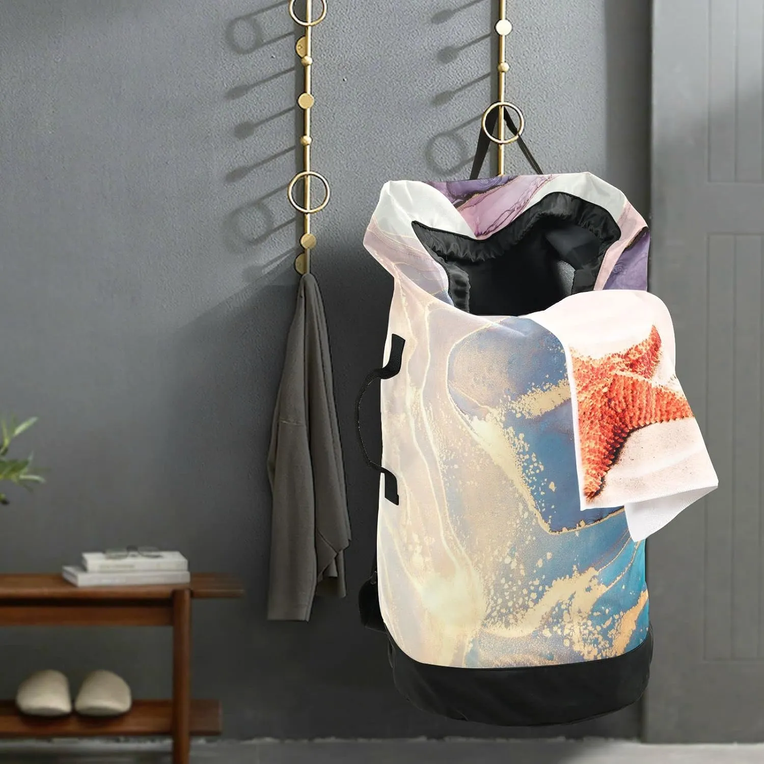 Oyihfvs Luxurious Abstract Fluid Art Mixture of Blue and Violet Painting Backpack Laundry Bag, Laundry Backpack with Shoulder Straps, Waterproof Nylon Clothes Hamper Bag for Men Women Yoga Backpack