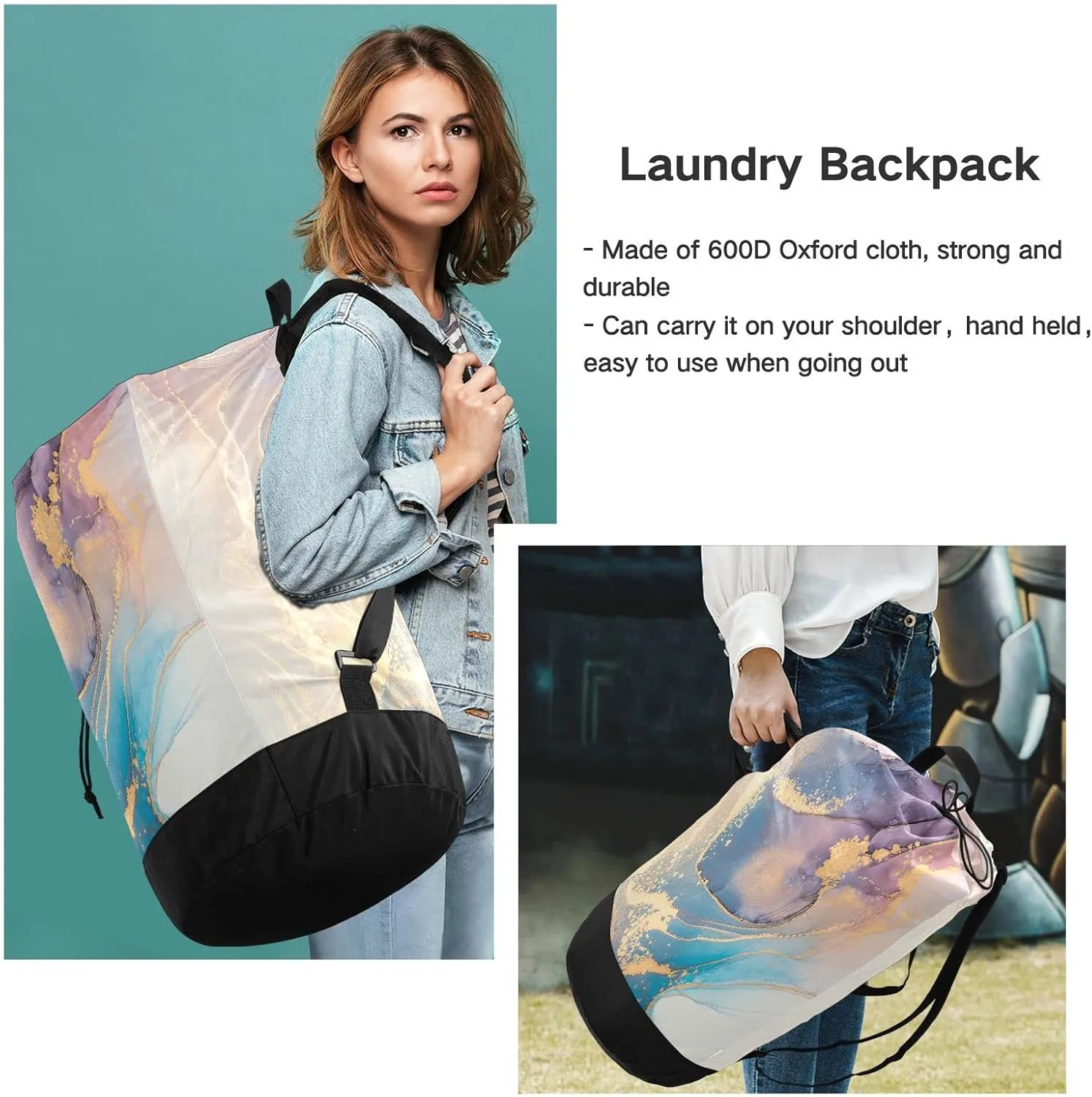 Oyihfvs Luxurious Abstract Fluid Art Mixture of Blue and Violet Painting Backpack Laundry Bag, Laundry Backpack with Shoulder Straps, Waterproof Nylon Clothes Hamper Bag for Men Women Yoga Backpack