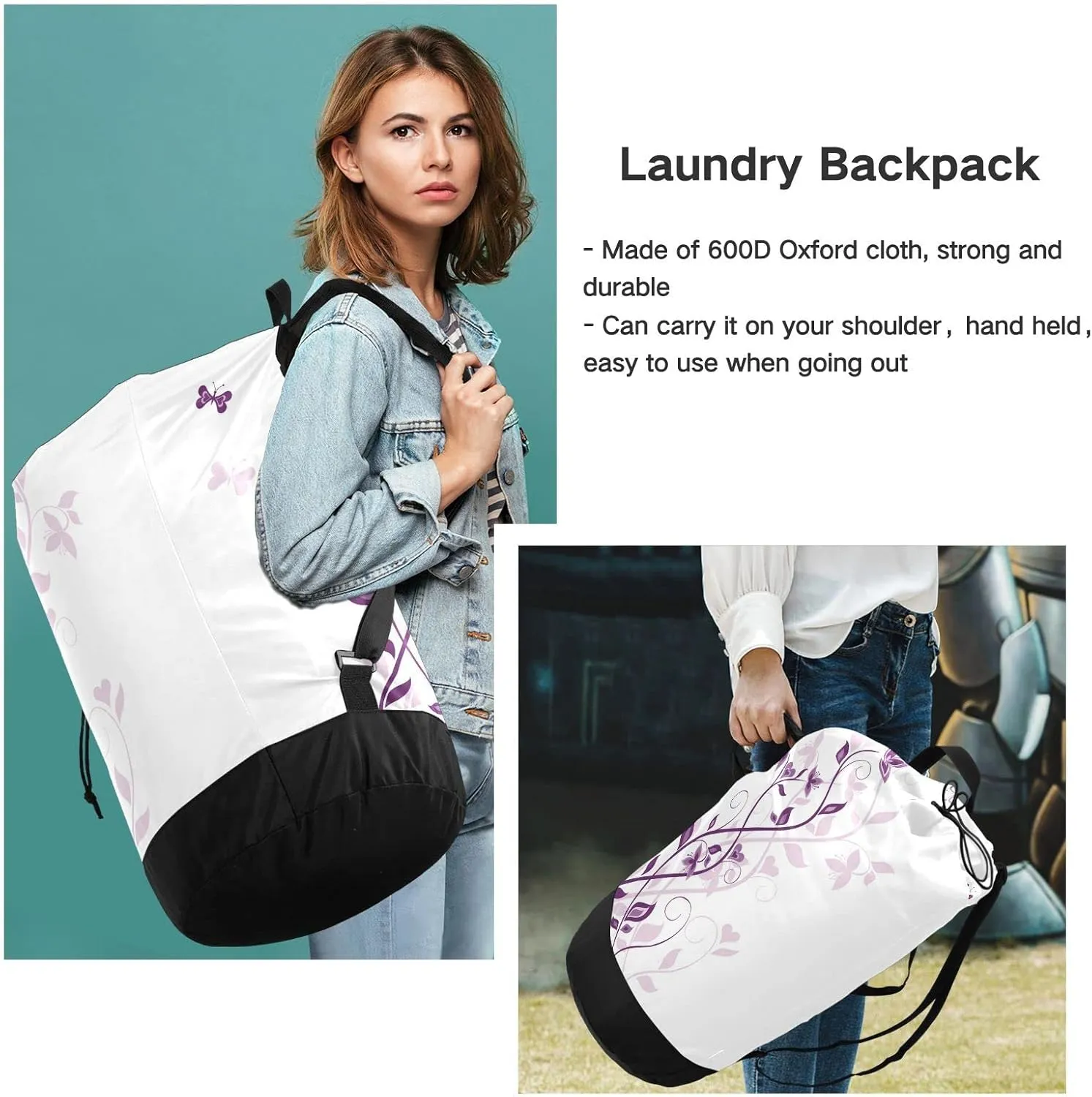 Oyihfvs Purple Violet Tree on White Backpack Laundry Bag, Laundry Backpack with Shoulder Straps, Waterproof Nylon Clothes Hamper Bag for Men Women Yoga Backpack