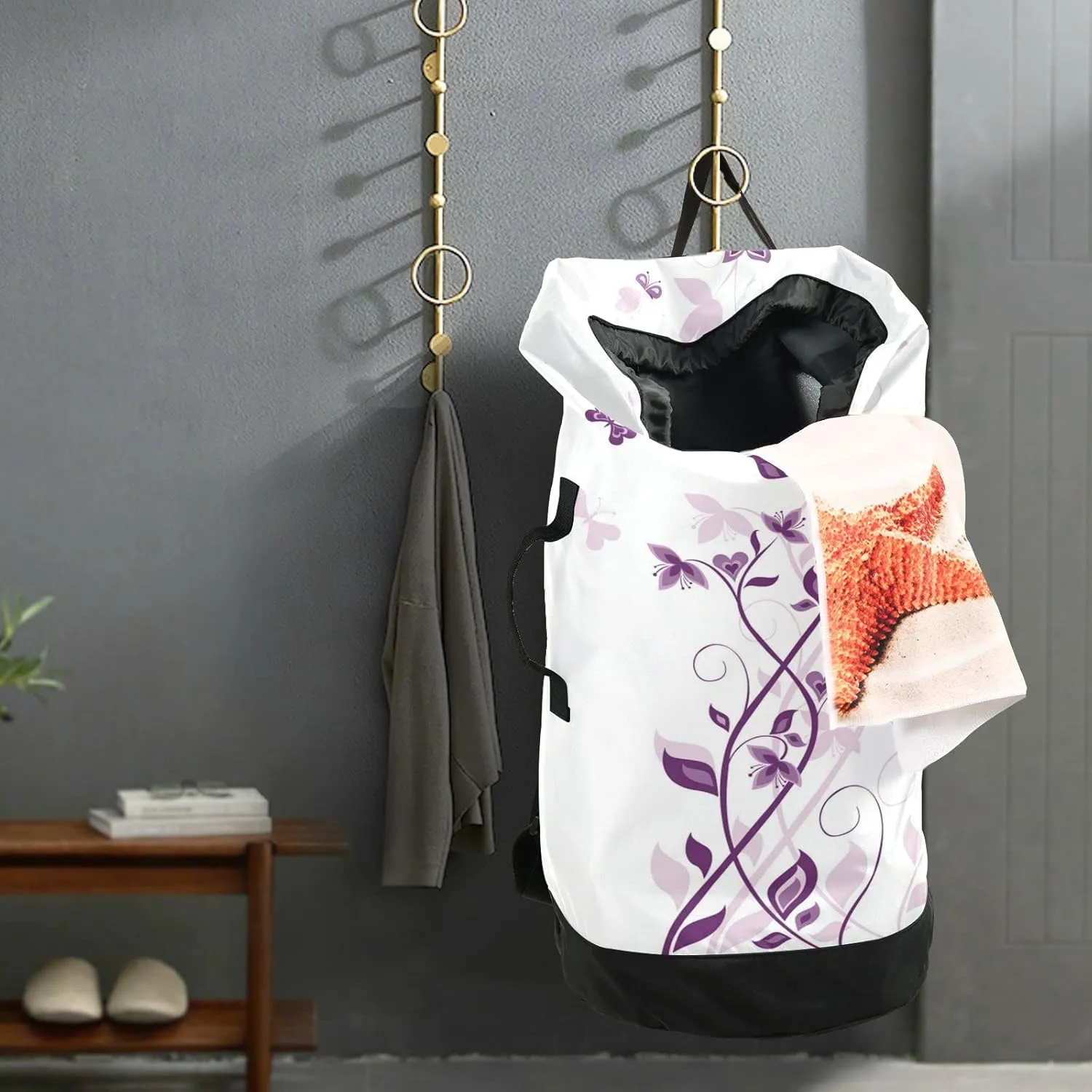 Oyihfvs Purple Violet Tree on White Backpack Laundry Bag, Laundry Backpack with Shoulder Straps, Waterproof Nylon Clothes Hamper Bag for Men Women Yoga Backpack