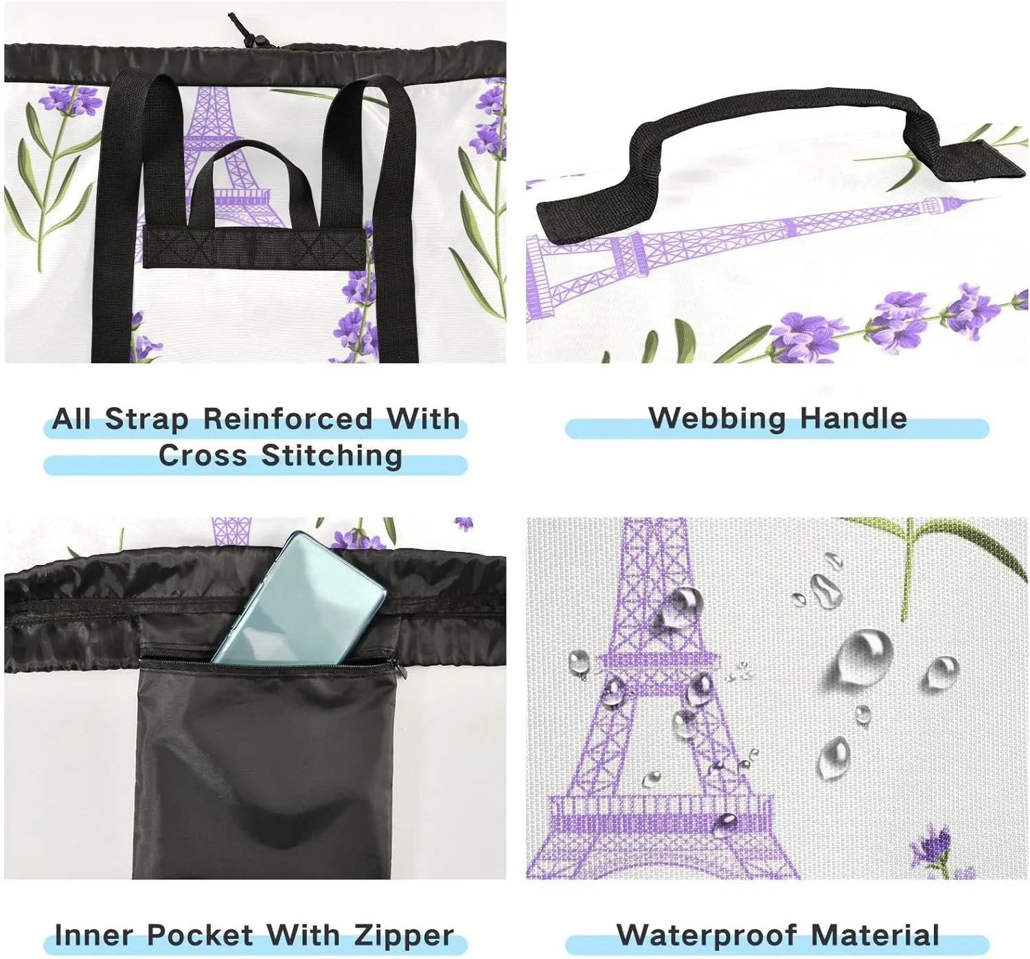 Oyihfvs Seamless Violet Lavender Flowers with Green Leaves Eiffel Towers Backpack Laundry Bag, Laundry Backpack with Shoulder Straps, Waterproof Nylon Clothes Hamper Bag for Men Women Yoga Backpack