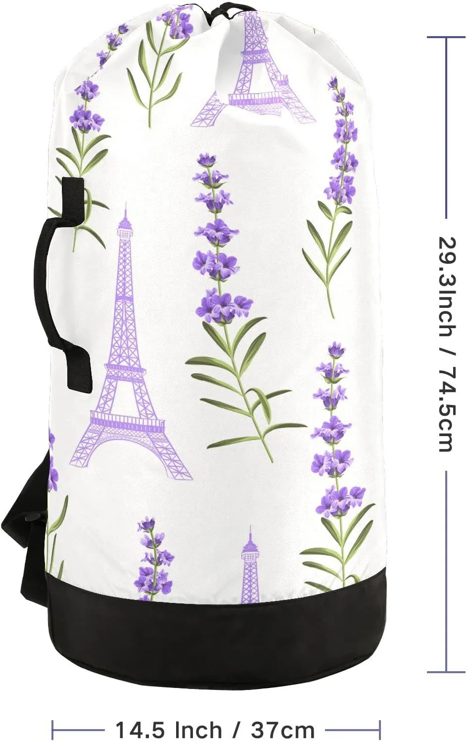 Oyihfvs Seamless Violet Lavender Flowers with Green Leaves Eiffel Towers Backpack Laundry Bag, Laundry Backpack with Shoulder Straps, Waterproof Nylon Clothes Hamper Bag for Men Women Yoga Backpack