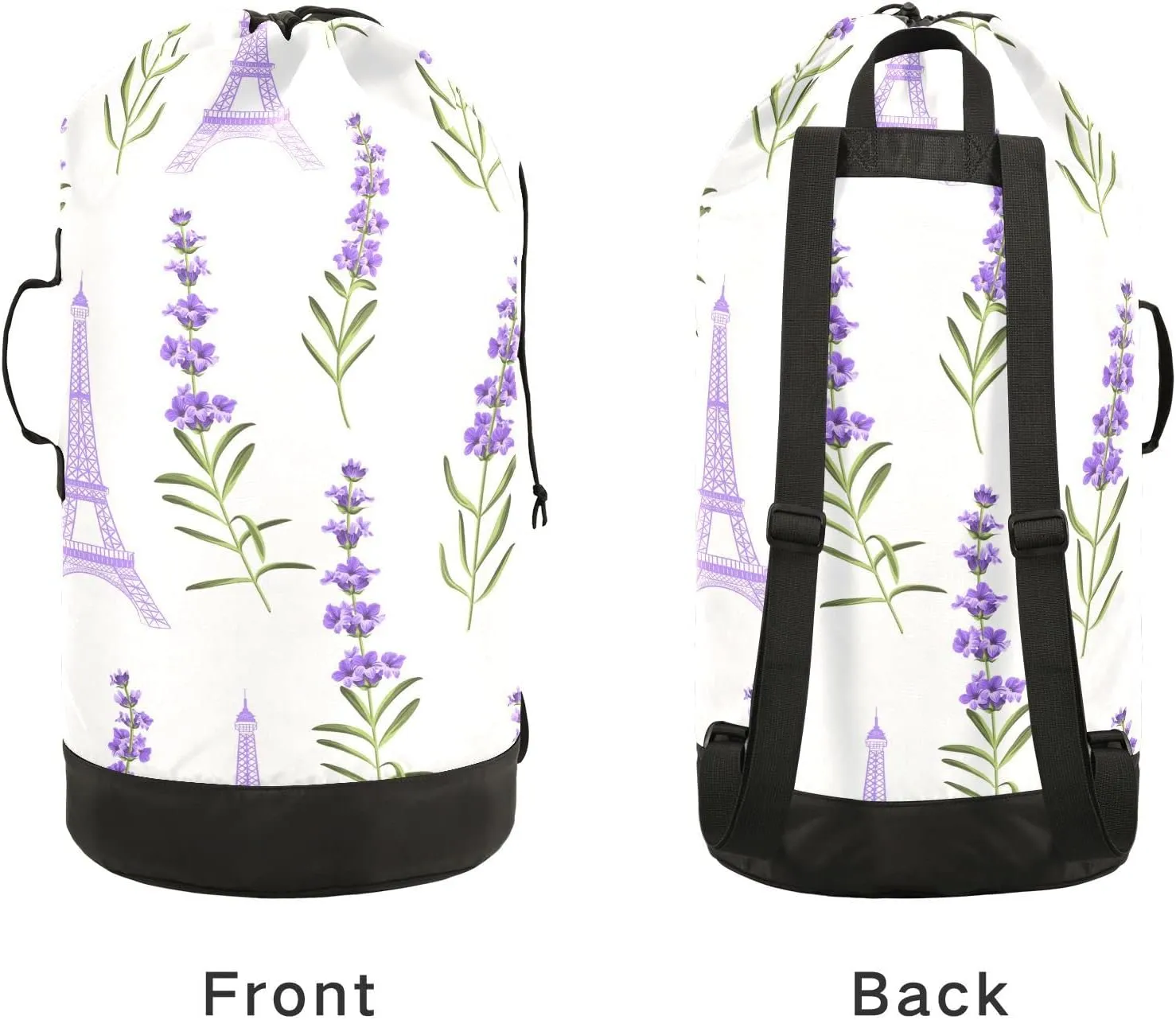 Oyihfvs Seamless Violet Lavender Flowers with Green Leaves Eiffel Towers Backpack Laundry Bag, Laundry Backpack with Shoulder Straps, Waterproof Nylon Clothes Hamper Bag for Men Women Yoga Backpack