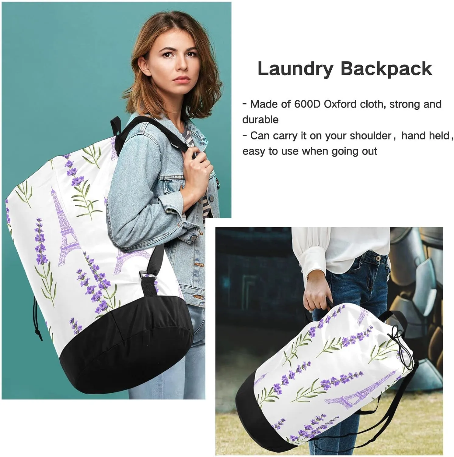 Oyihfvs Seamless Violet Lavender Flowers with Green Leaves Eiffel Towers Backpack Laundry Bag, Laundry Backpack with Shoulder Straps, Waterproof Nylon Clothes Hamper Bag for Men Women Yoga Backpack