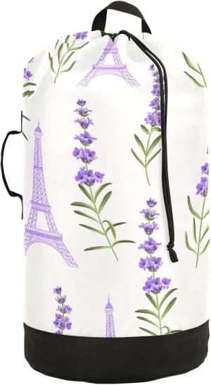 Oyihfvs Seamless Violet Lavender Flowers with Green Leaves Eiffel Towers Backpack Laundry Bag, Laundry Backpack with Shoulder Straps, Waterproof Nylon Clothes Hamper Bag for Men Women Yoga Backpack