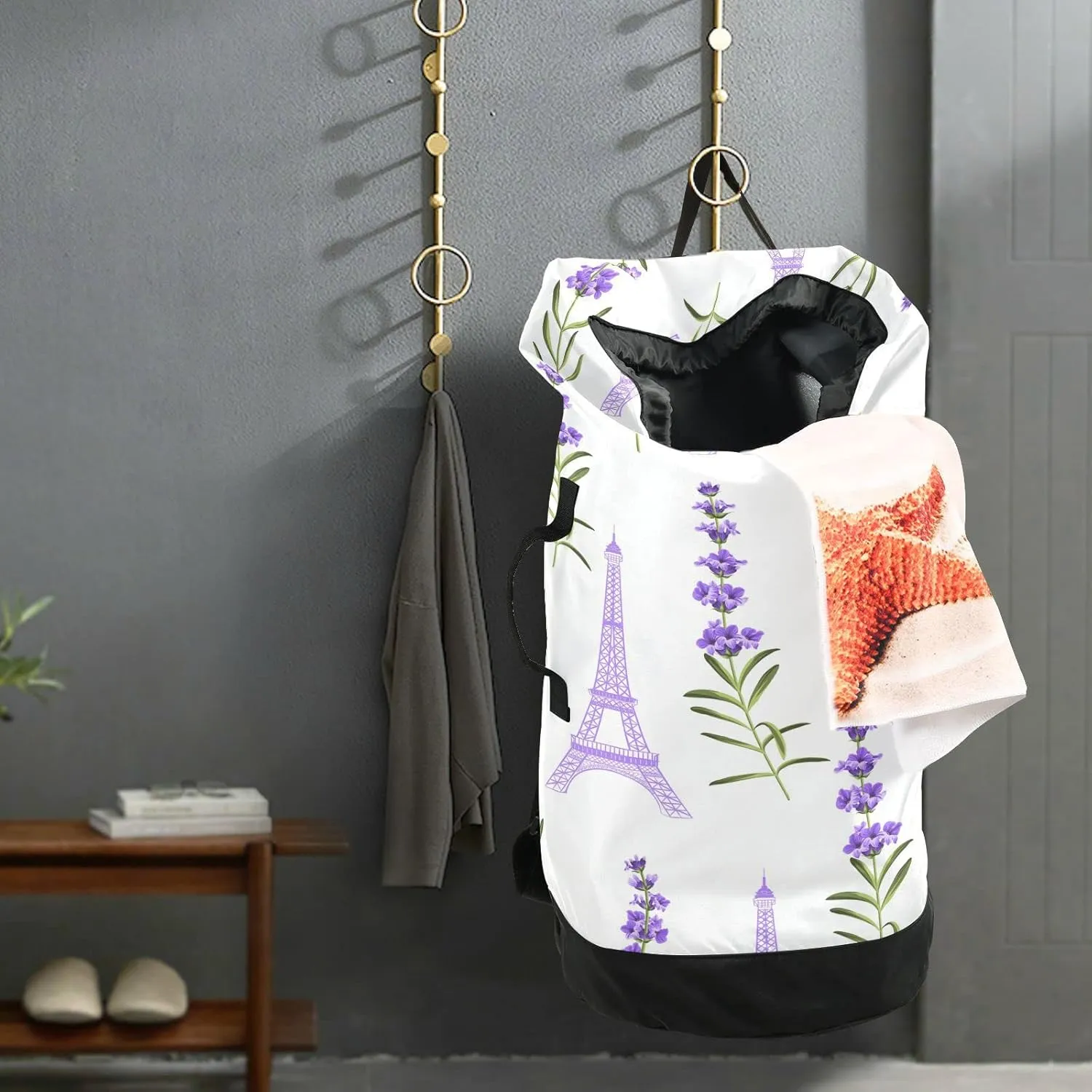 Oyihfvs Seamless Violet Lavender Flowers with Green Leaves Eiffel Towers Backpack Laundry Bag, Laundry Backpack with Shoulder Straps, Waterproof Nylon Clothes Hamper Bag for Men Women Yoga Backpack