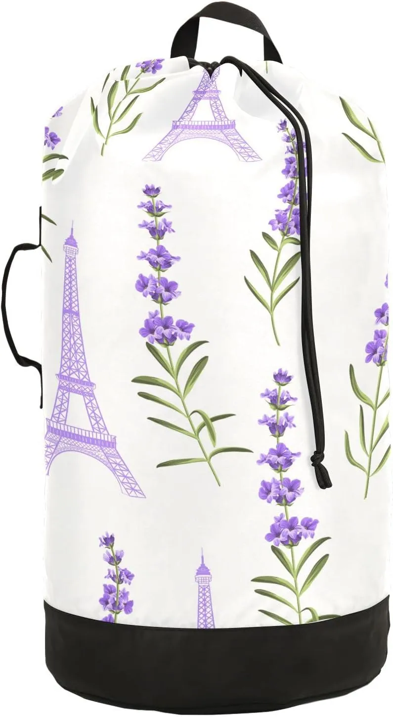 Oyihfvs Seamless Violet Lavender Flowers with Green Leaves Eiffel Towers Backpack Laundry Bag, Laundry Backpack with Shoulder Straps, Waterproof Nylon Clothes Hamper Bag for Men Women Yoga Backpack