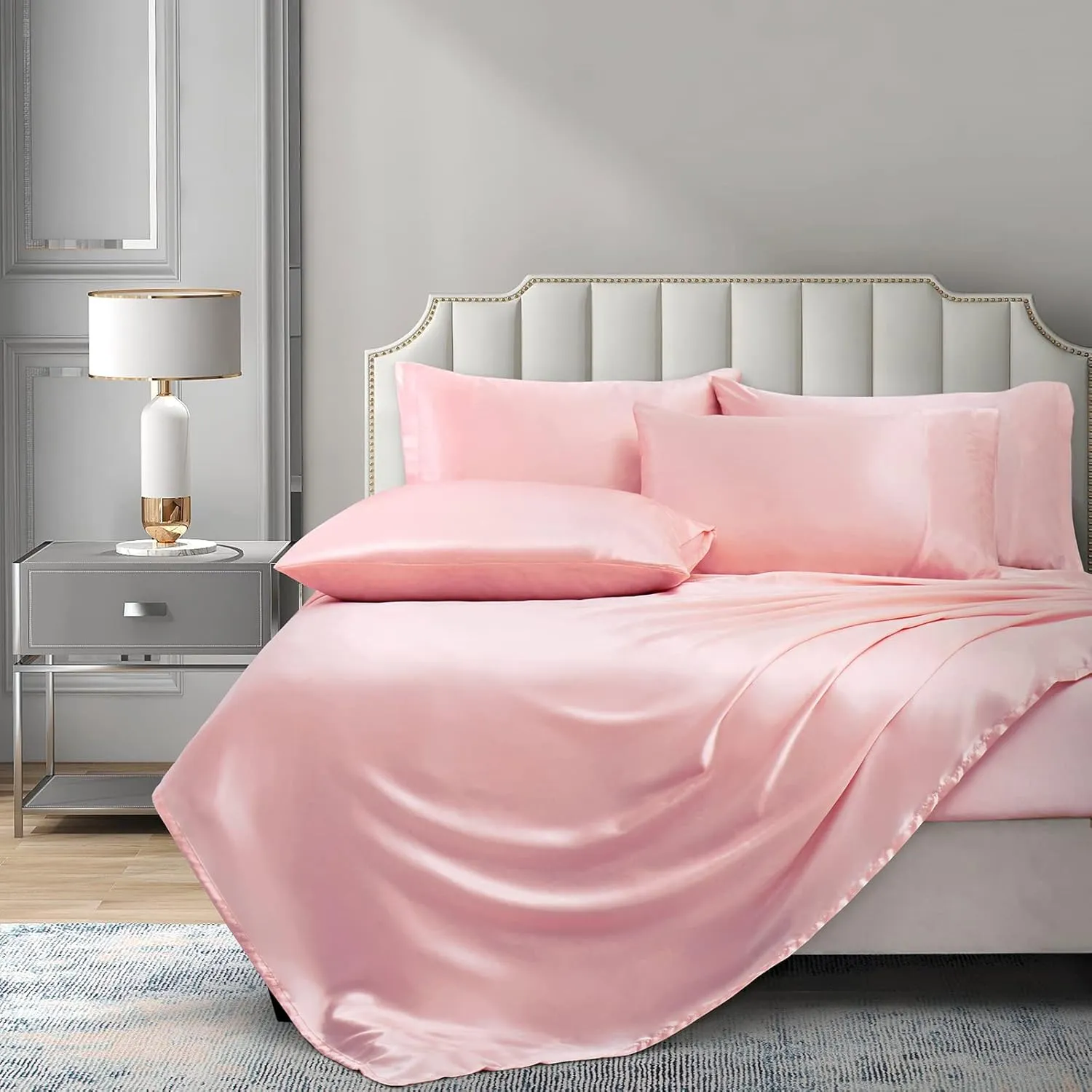 P Pothuiny 6 Pieces Full Satin Sheets Luxury Silky Blush Pink Satin Bedding Sheet Set, 1 Deep Pocket Fitted Sheet   1 Flat Sheet   4 Pillow Cases