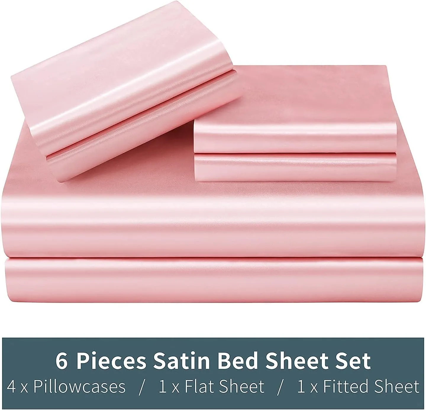 P Pothuiny 6 Pieces Full Satin Sheets Luxury Silky Blush Pink Satin Bedding Sheet Set, 1 Deep Pocket Fitted Sheet   1 Flat Sheet   4 Pillow Cases