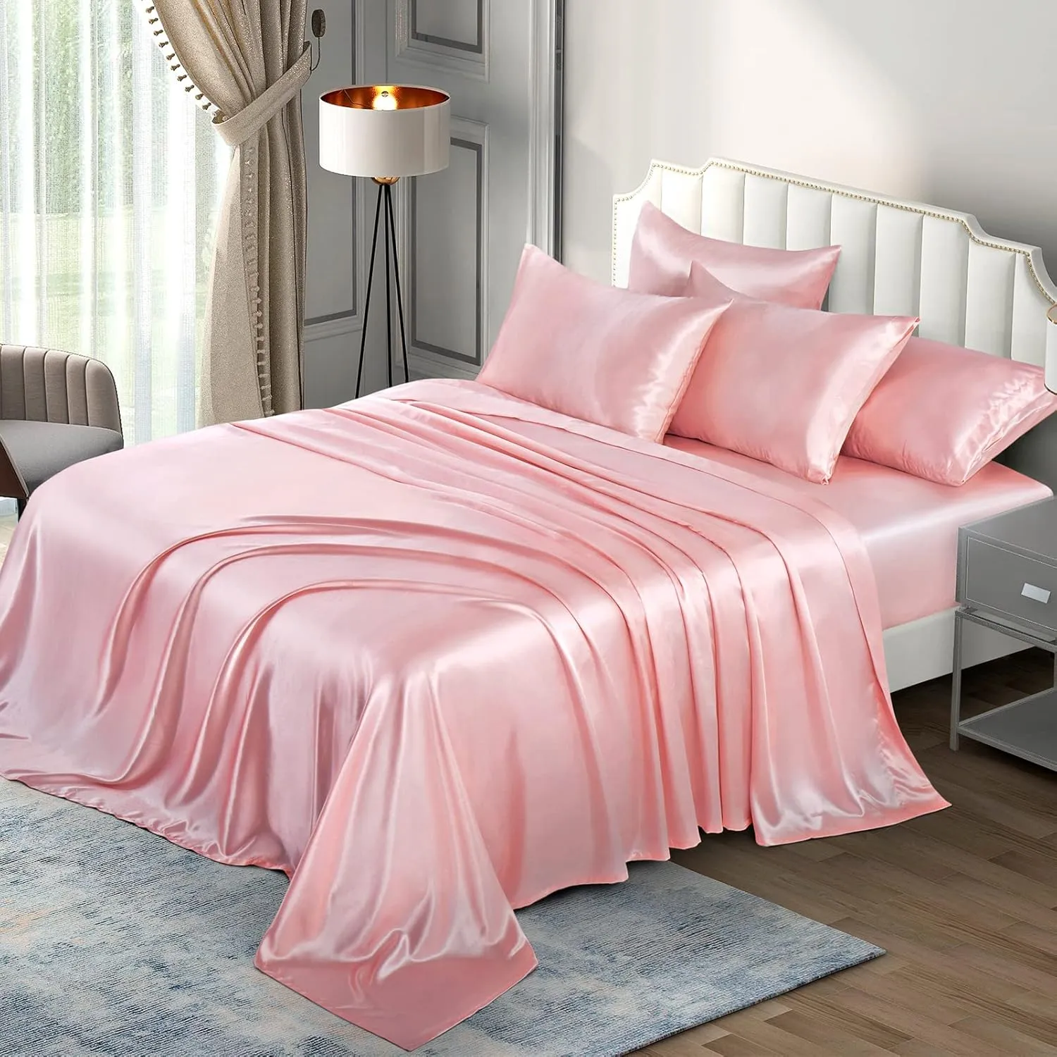 P Pothuiny 6 Pieces Full Satin Sheets Luxury Silky Blush Pink Satin Bedding Sheet Set, 1 Deep Pocket Fitted Sheet   1 Flat Sheet   4 Pillow Cases